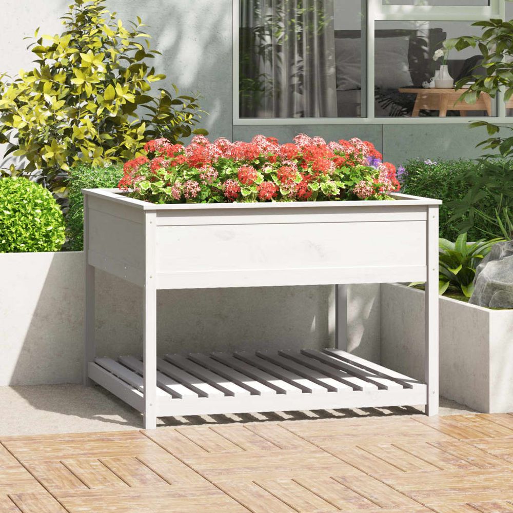 Potager surélevé xxl en bois avec étagère blanc 111,5cm
