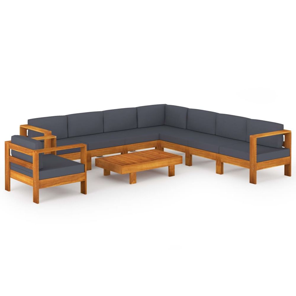 Salon de jardin 9 pcs avec coussins gris foncé bois d'acacia