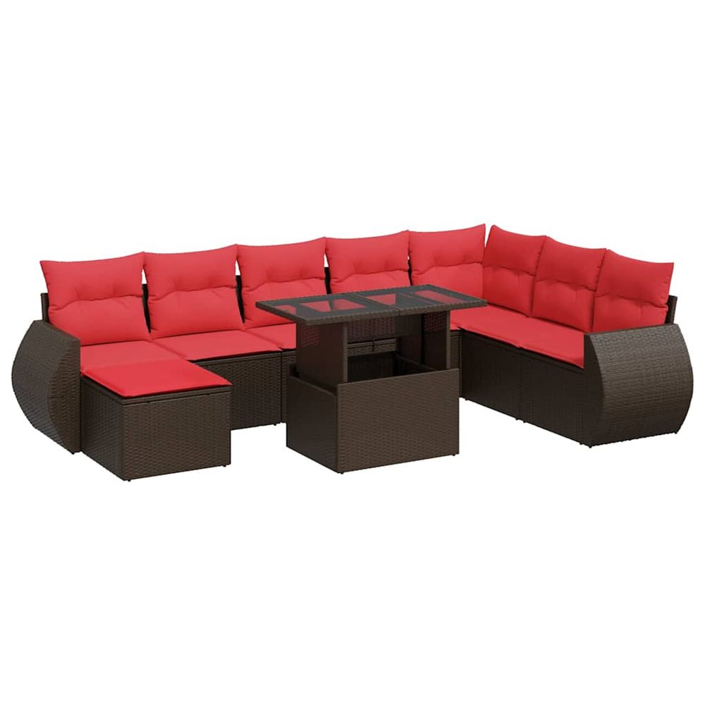Salon de jardin et coussins 9 pcs marron résine tressée acacia