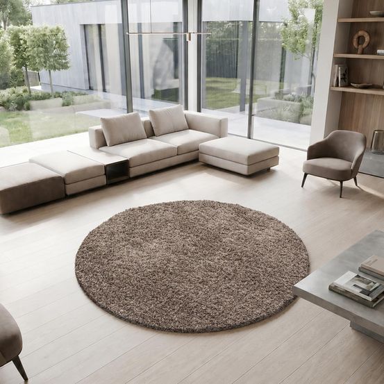 Tapis rond poils longs shaggy ø160cm tissé mocca motif uni uni l