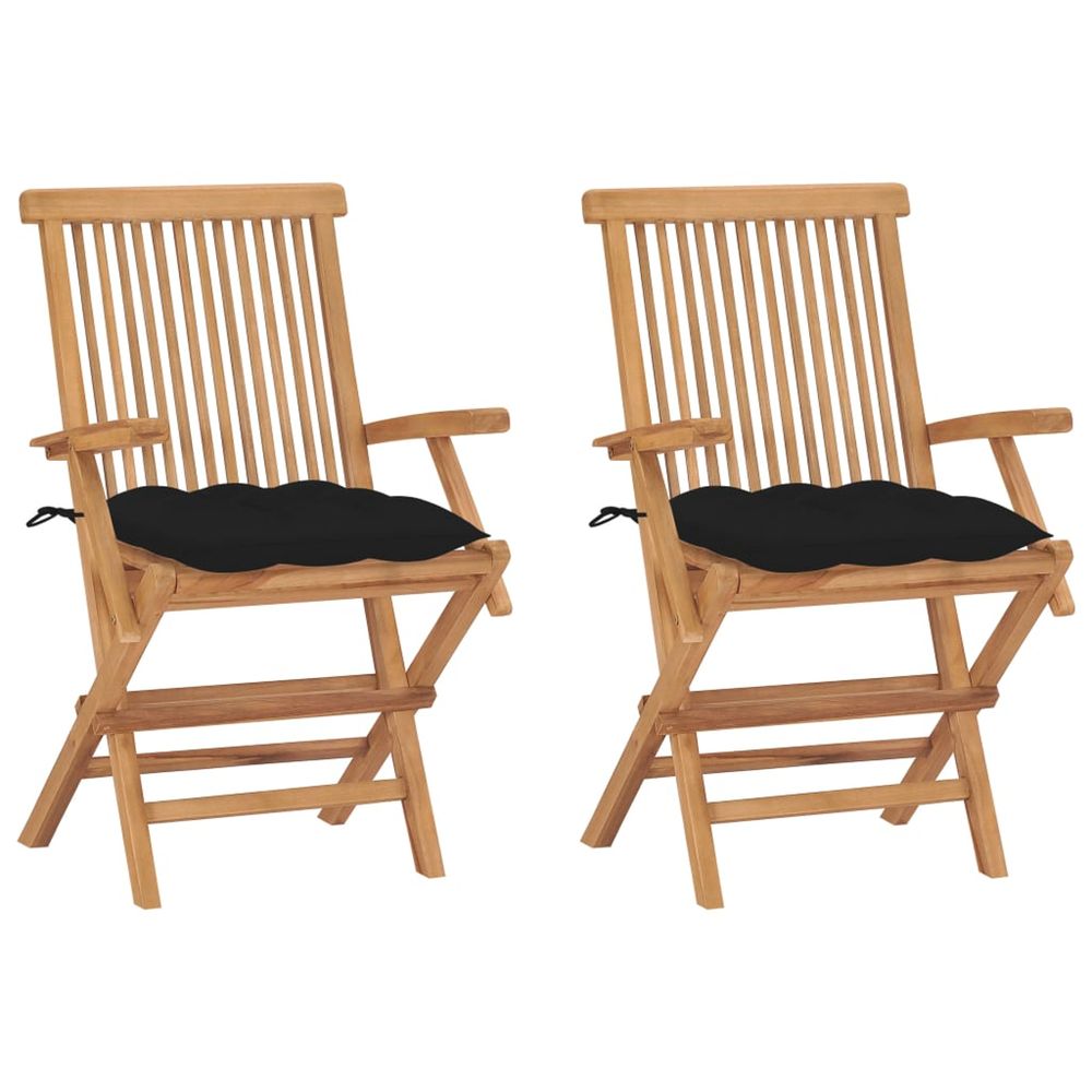 Chaises pliantes avec coussins noirs, 2 pièces, en teck massif