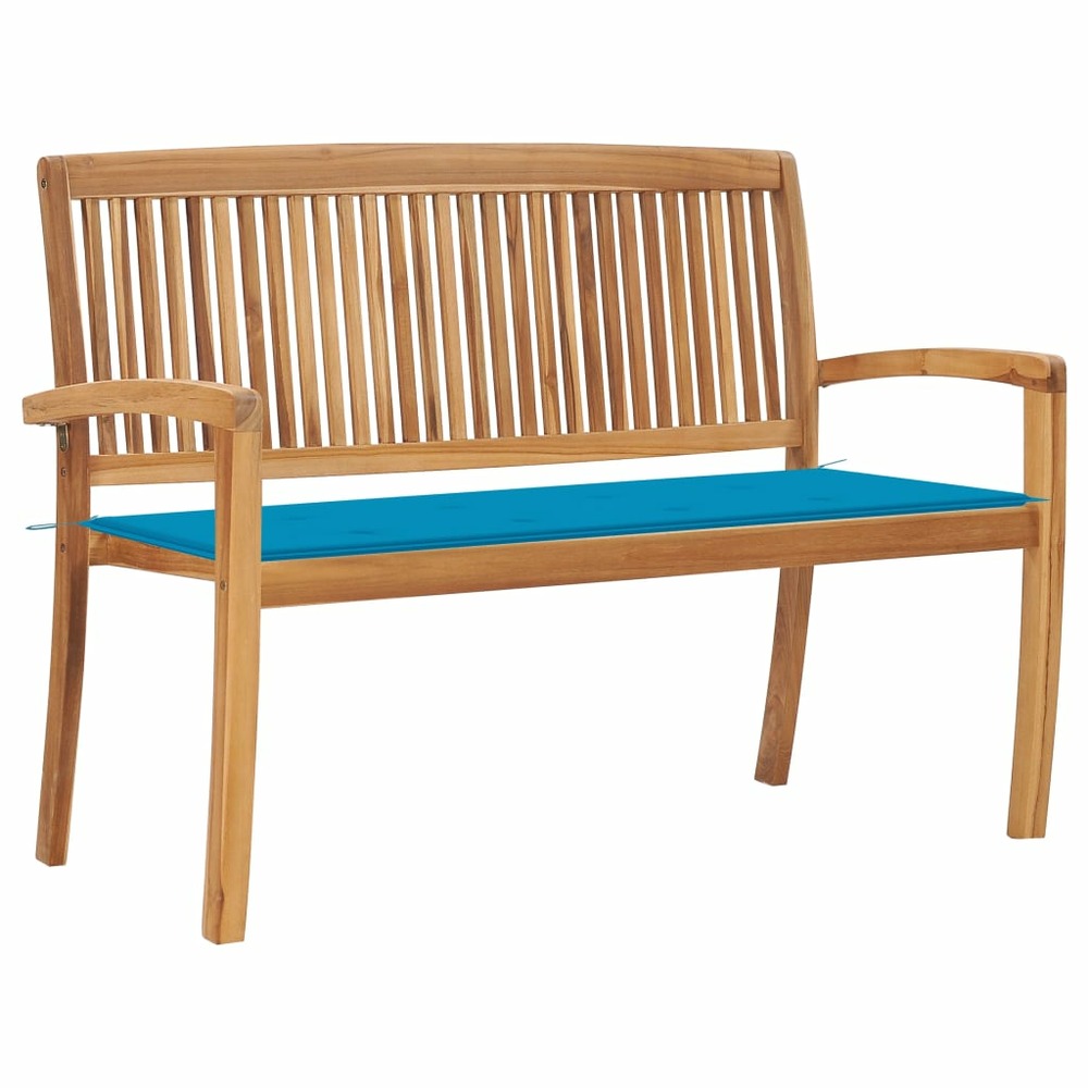 Banc de jardin meuble de patio d'extérieur terrasse empilable et coussin bleu 128,5 x 57,5 x 90 cm bois de teck massif 02_001