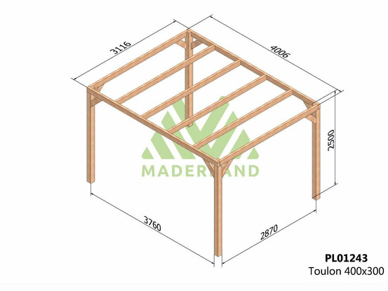 Pergola en bois lamellé-collé toulon 400 x 300 cm + 4 supports poteaux