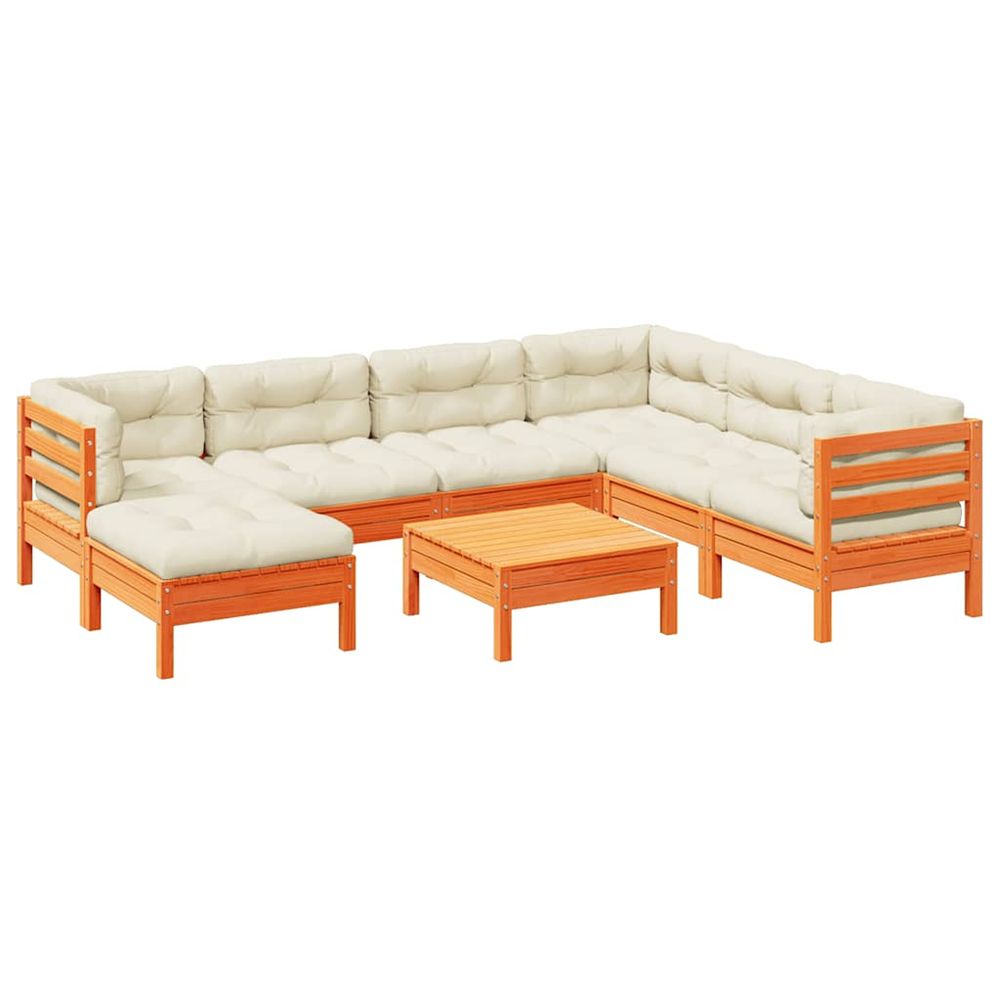 Salon de jardin 8 pcs avec coussins marron cire bois pin massif