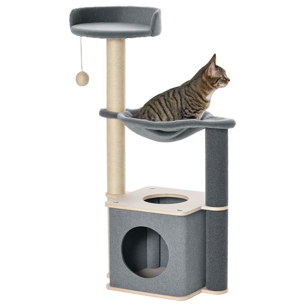Arbre à chat multiniveaux en sisal pour petit chat avec niche et hamac 48x34x95cm gris