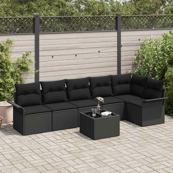 Ensemble de canapé de jardin avec coussin 7 pcs noir polyrotin