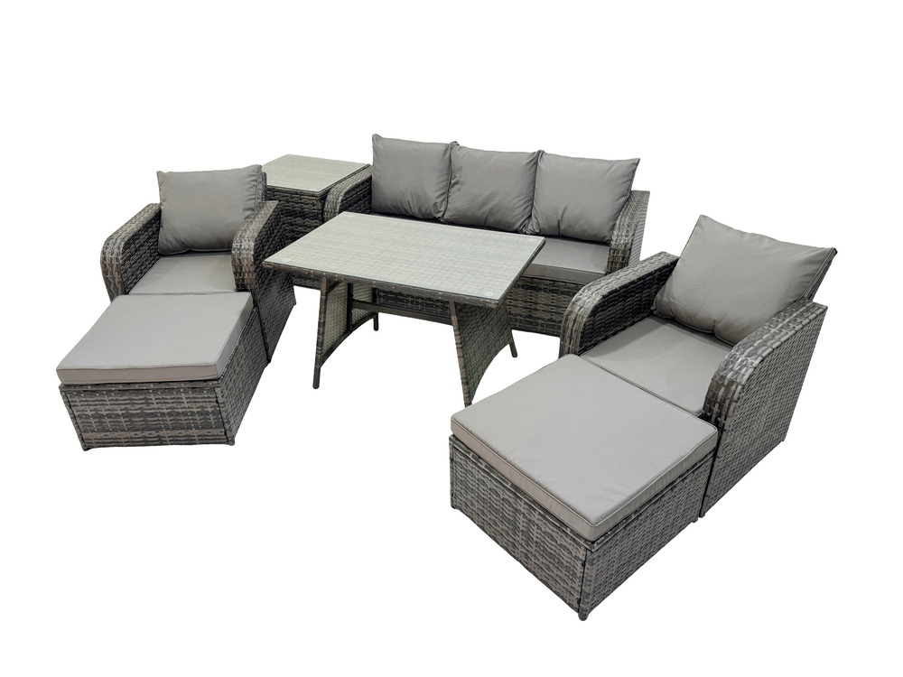 Ensemble de meubles de jardin en polyrotin 7 pièces avec table à manger rectangulaire 2 grand tabourets table d'appoint