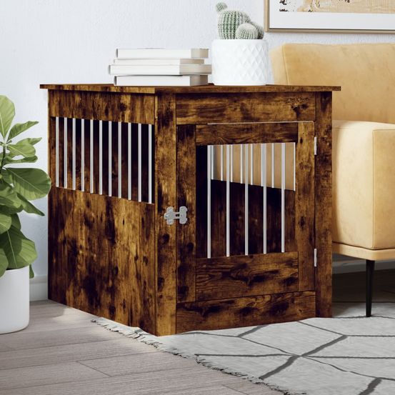 Meuble cage chien bois et acier table d'appoint chêne fumé 80cm