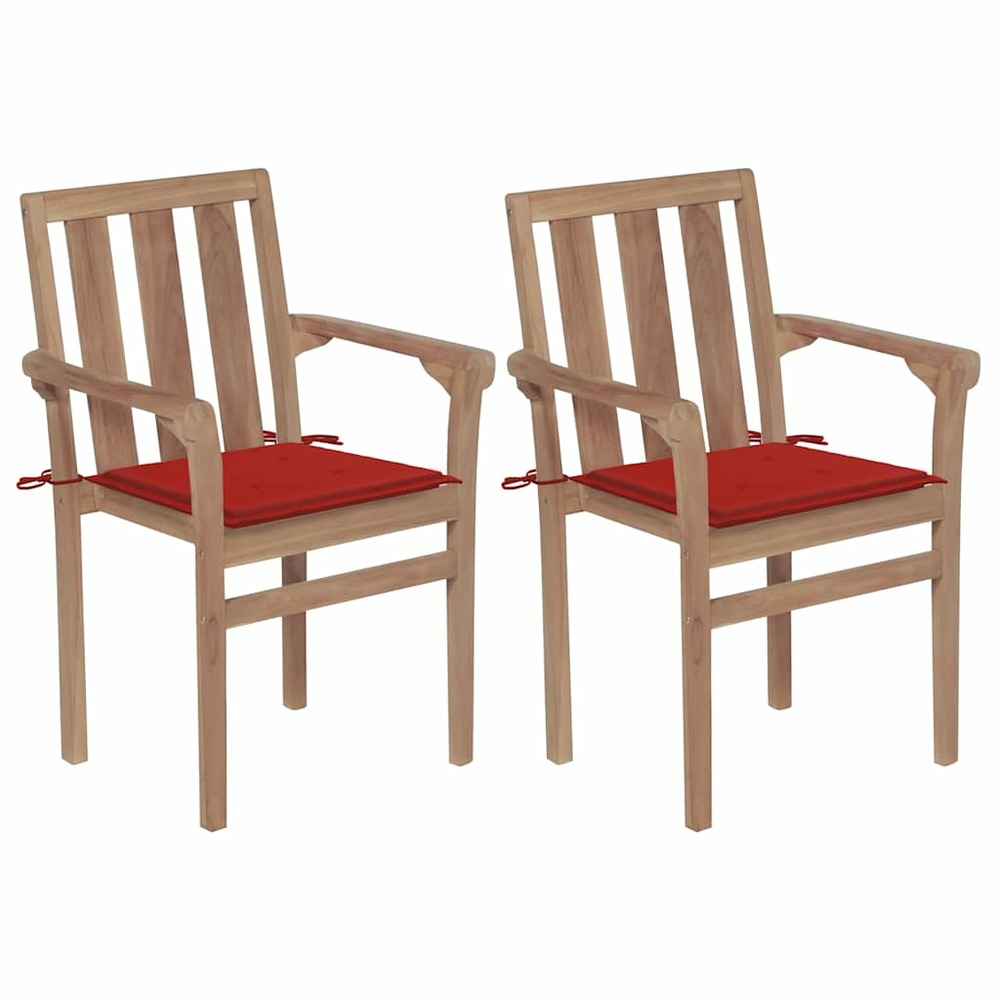 Chaises de jardin lot de 2 et coussins rouge bois teck massif