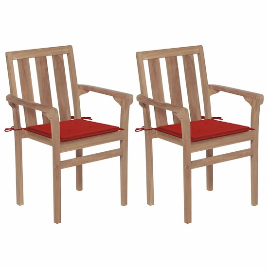 Chaises de jardin lot de 2 et coussins rouge bois teck massif
