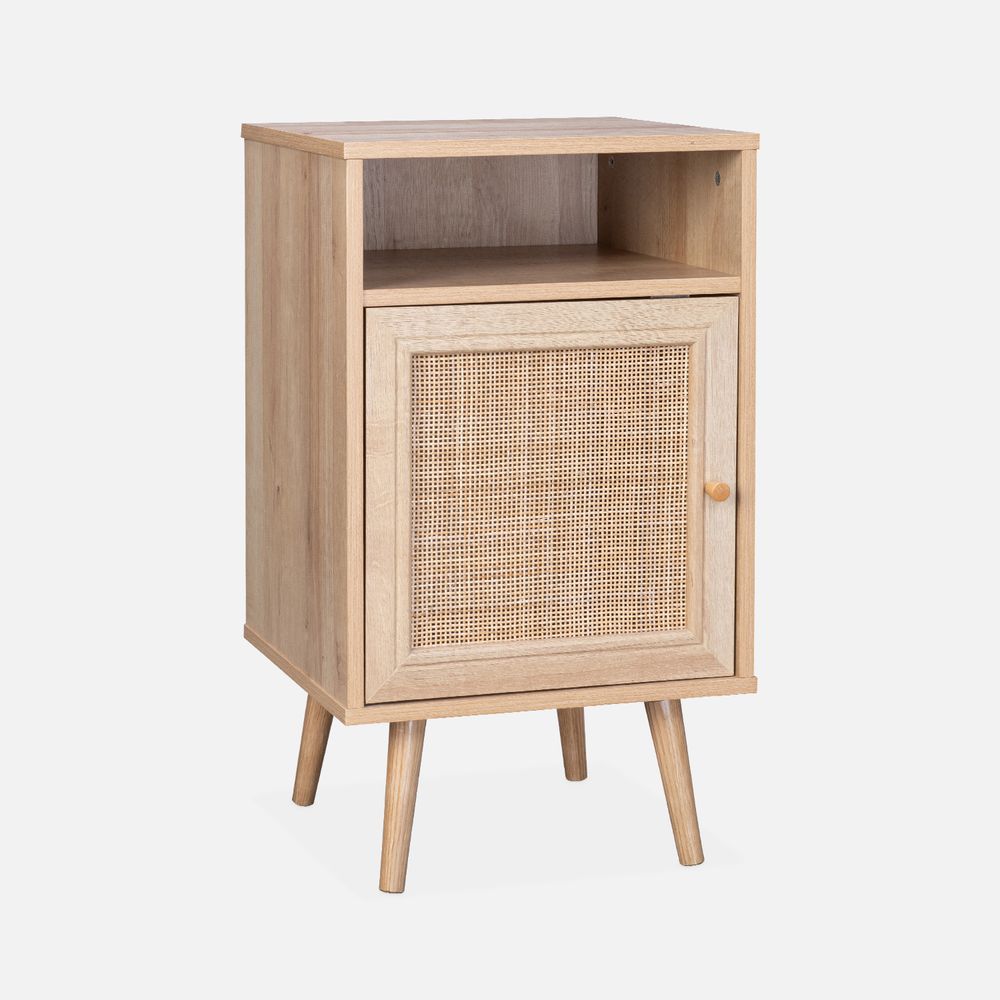 Table de chevet en cannage 40x39x70cm - 2 niveaux - 1 portes - 1 espace de rangement - pieds scandinaves