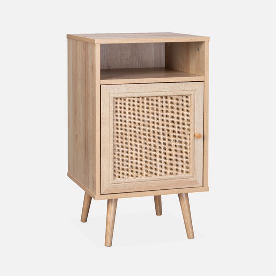 Table de chevet en cannage 40x39x70cm - 2 niveaux - 1 portes - 1 espace de rangement - pieds scandinaves