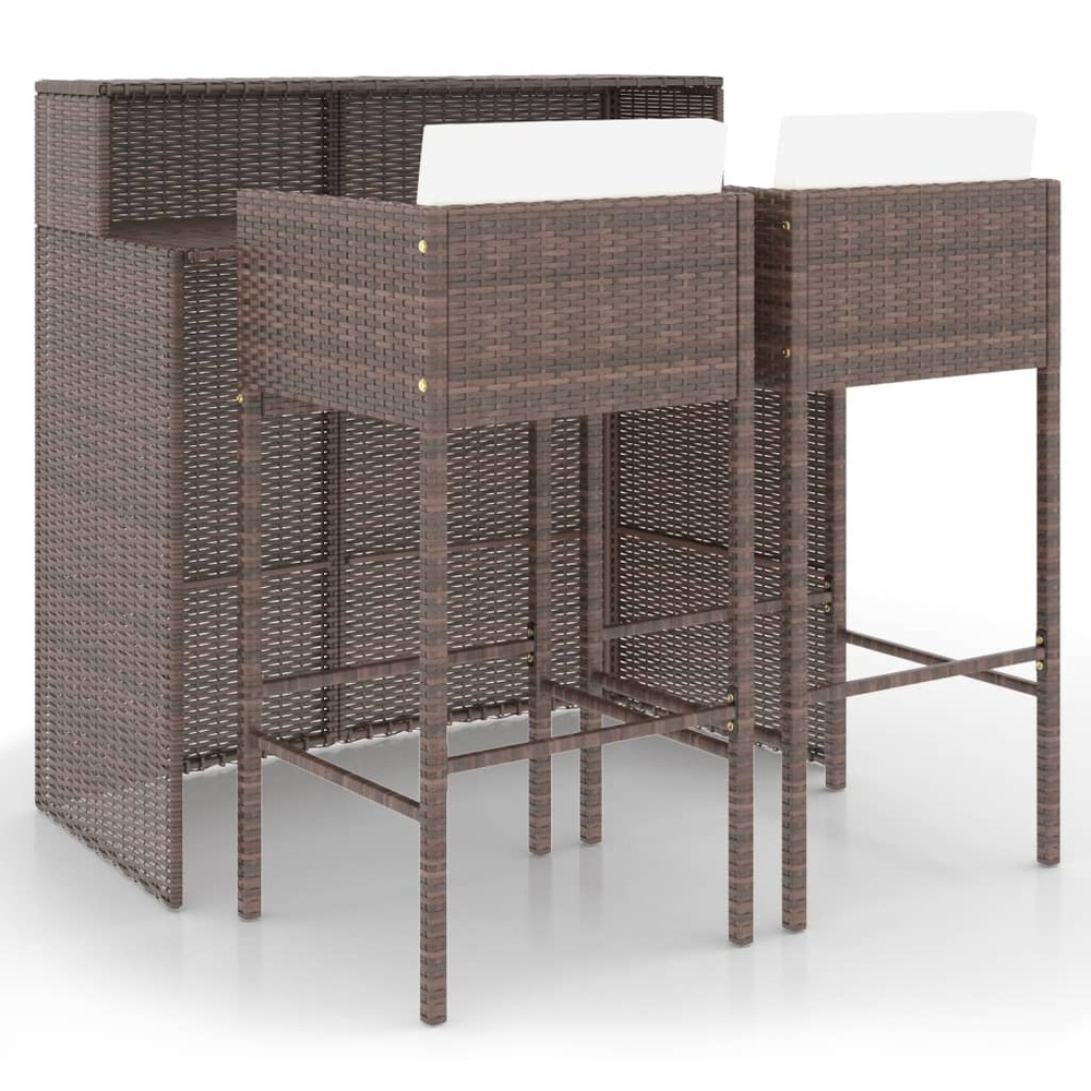 Meubles de bar de jardin 3pcs et coussins résine tressée marron