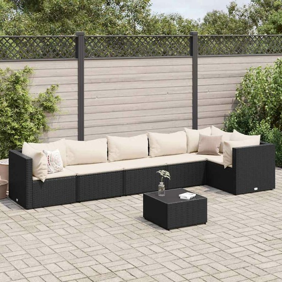 Salon de jardin 7 pcs avec coussins noir résine tressée