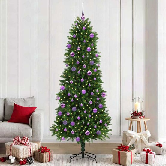 Haut sapin de noël vert 240 cm très réaliste, tout-en-un avec 300 lumières led et ornements
