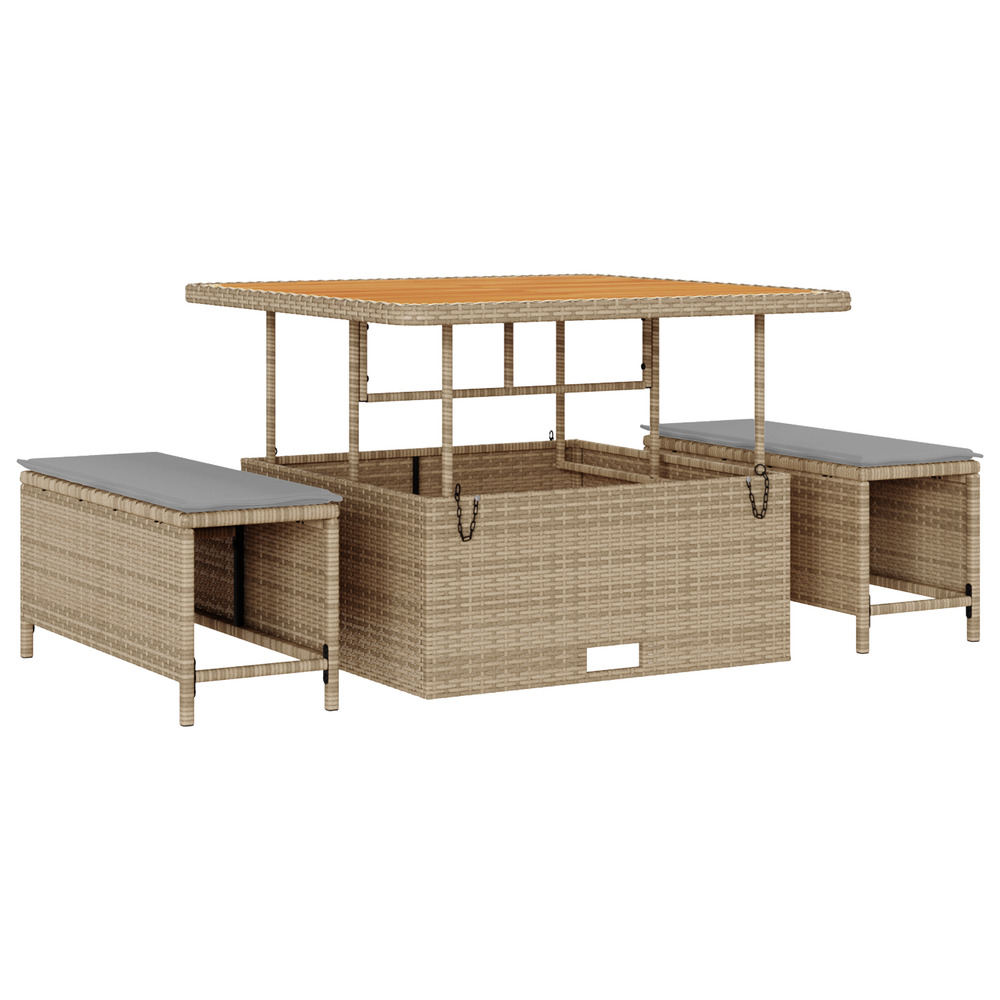 Set de salle à manger de jardin 3 pièces avec coussins beige en rattan poly et acacia