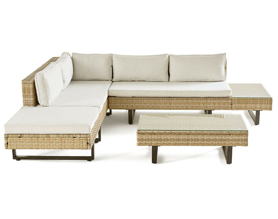 Sashi – salon de jardin d'angle en résine beige et grise – 5 places - coussins gris clair et table incluse