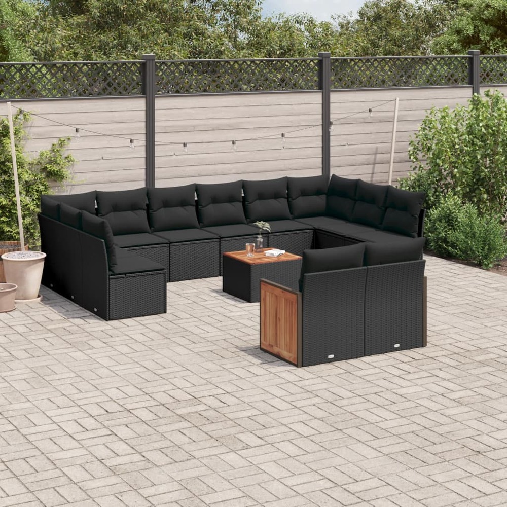 Salon de jardin avec coussins 13 pcs noir résine tressée
