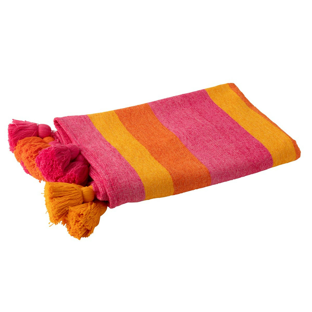 Plaid rayé à pompons 