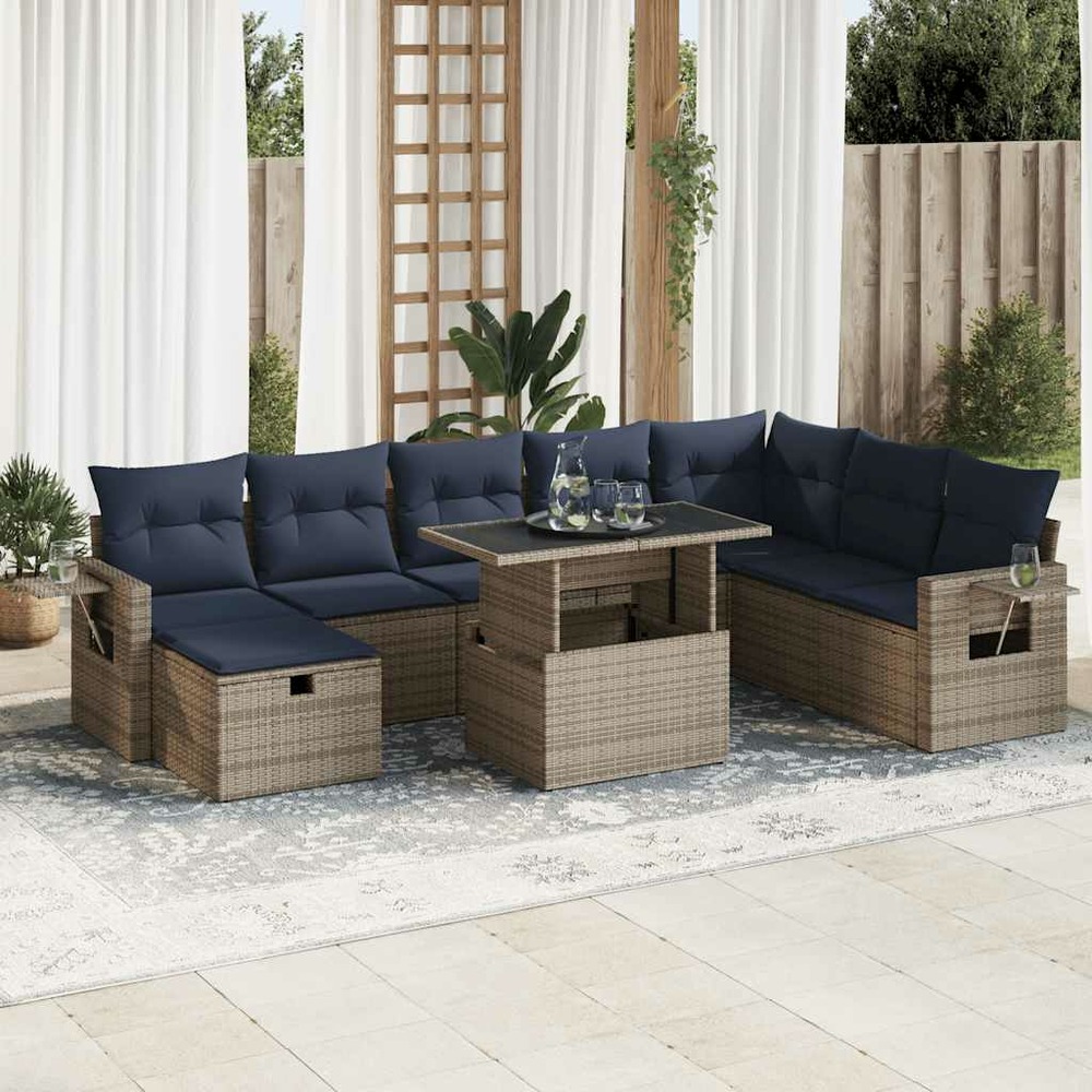 Salon de jardin avec coussins 9pcs gris résine tressée acacia