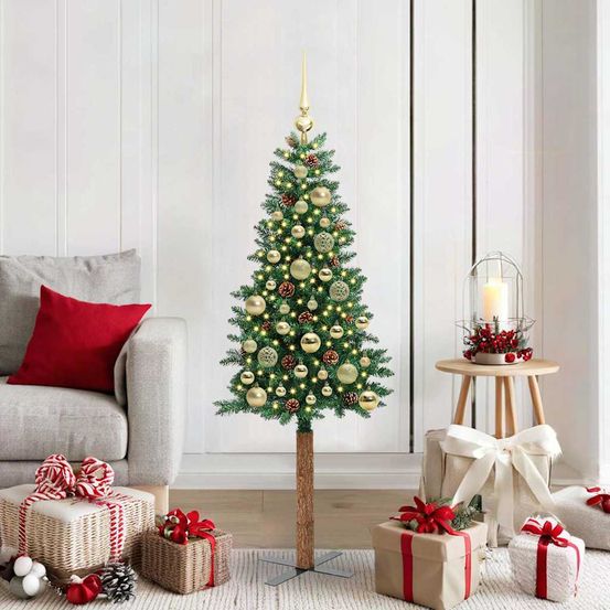 Sapin de noël lumineux 150 cm ambiance chaleureuse, design étroit avec tronc en bois et 150 led
