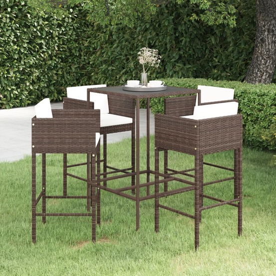 Ensemble bar de jardin 5 pcs et coussins résine tressée marron