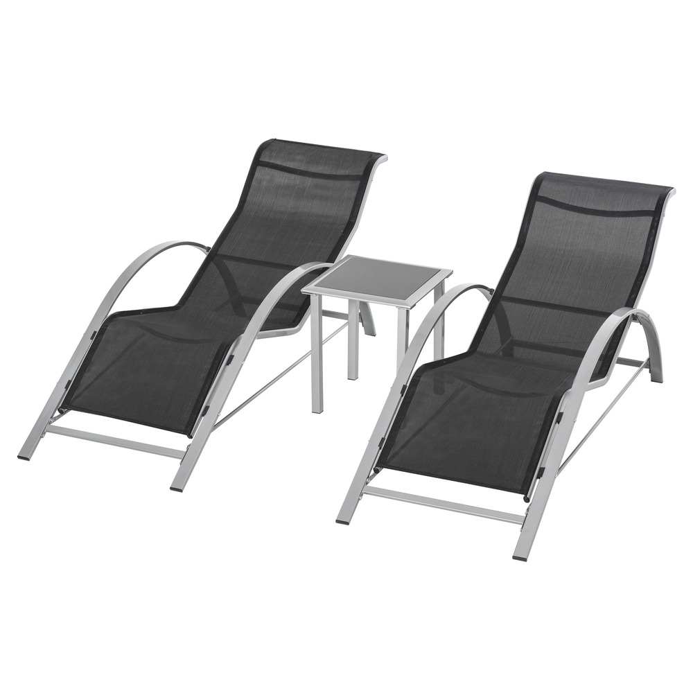 Ensemble jardin 3 pièces 2 transats + table basse métal, idéal balcon extérieur noir argent