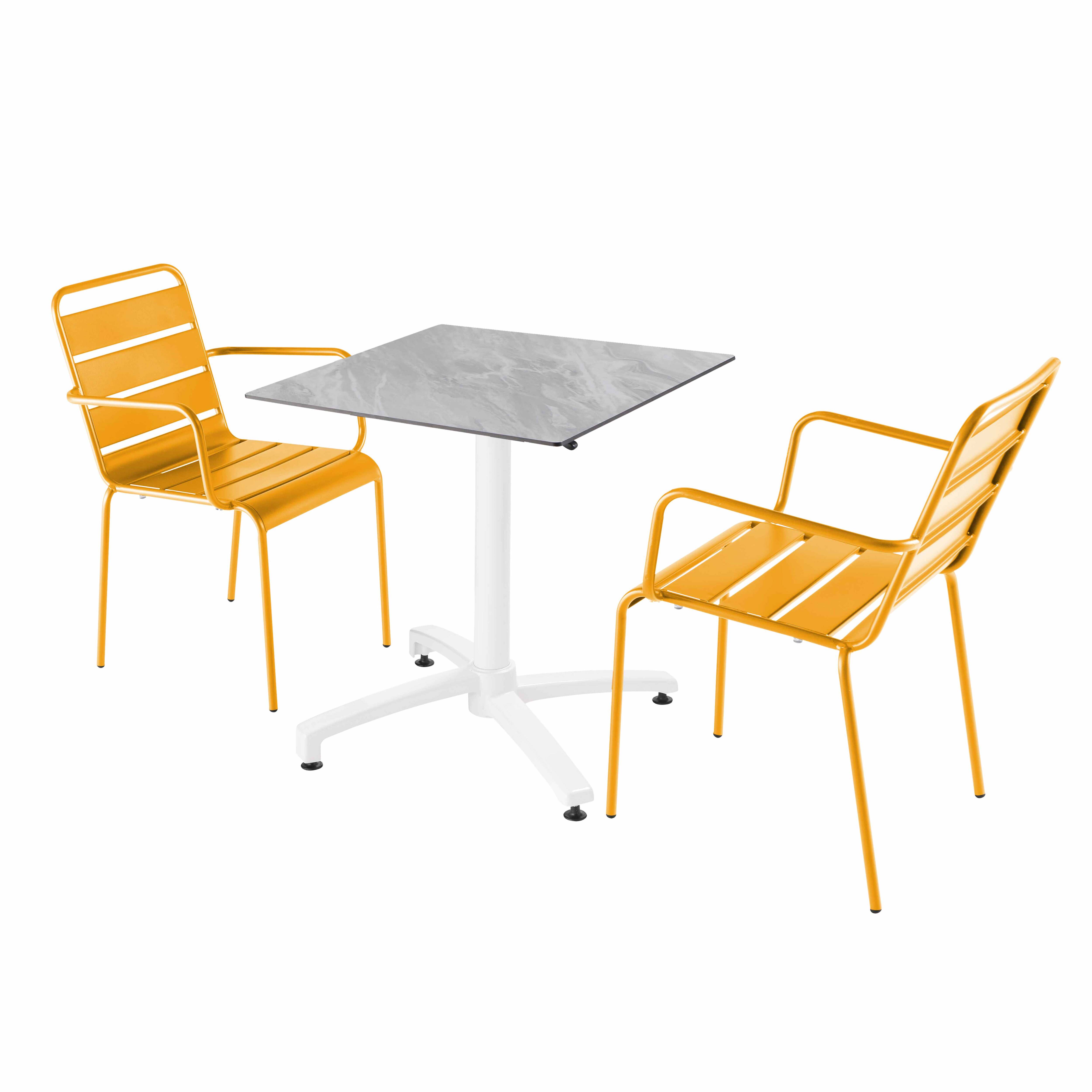 Ensemble table terrasse stratifié marbre et 2 fauteuils jaune