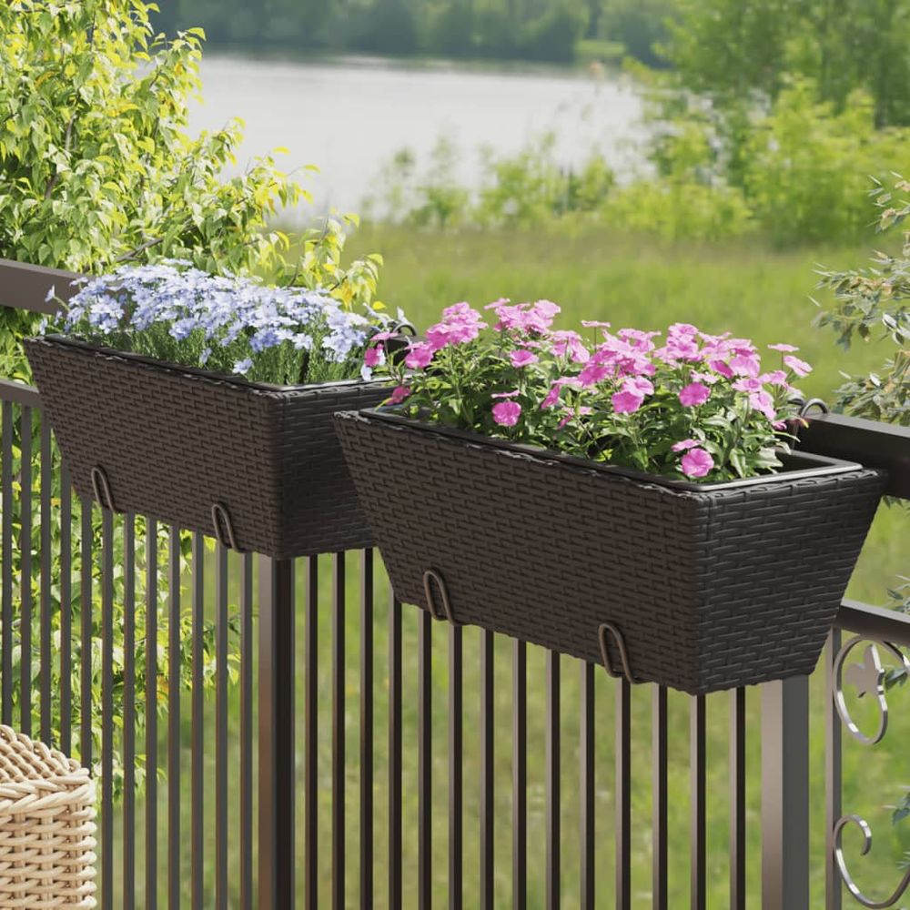 Duo de balconnières suspendues en poly rotin noir avec fixations métal et bacs amovibles noir 54 cm