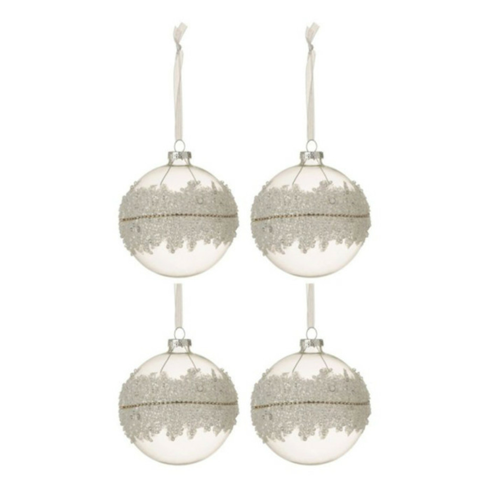 Lot de 4 boules de noël glace 10cm blanc & argent