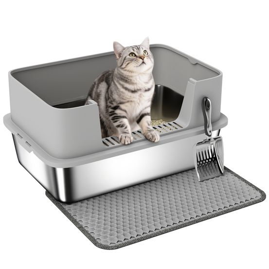 Maison de toilette acier inoxydable pour grands chats entretien facile 60cm gris