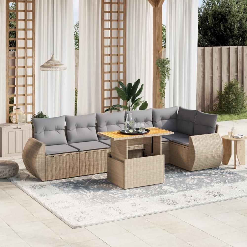 Salon de jardin avec coussins 7 pcs beige résine tressée