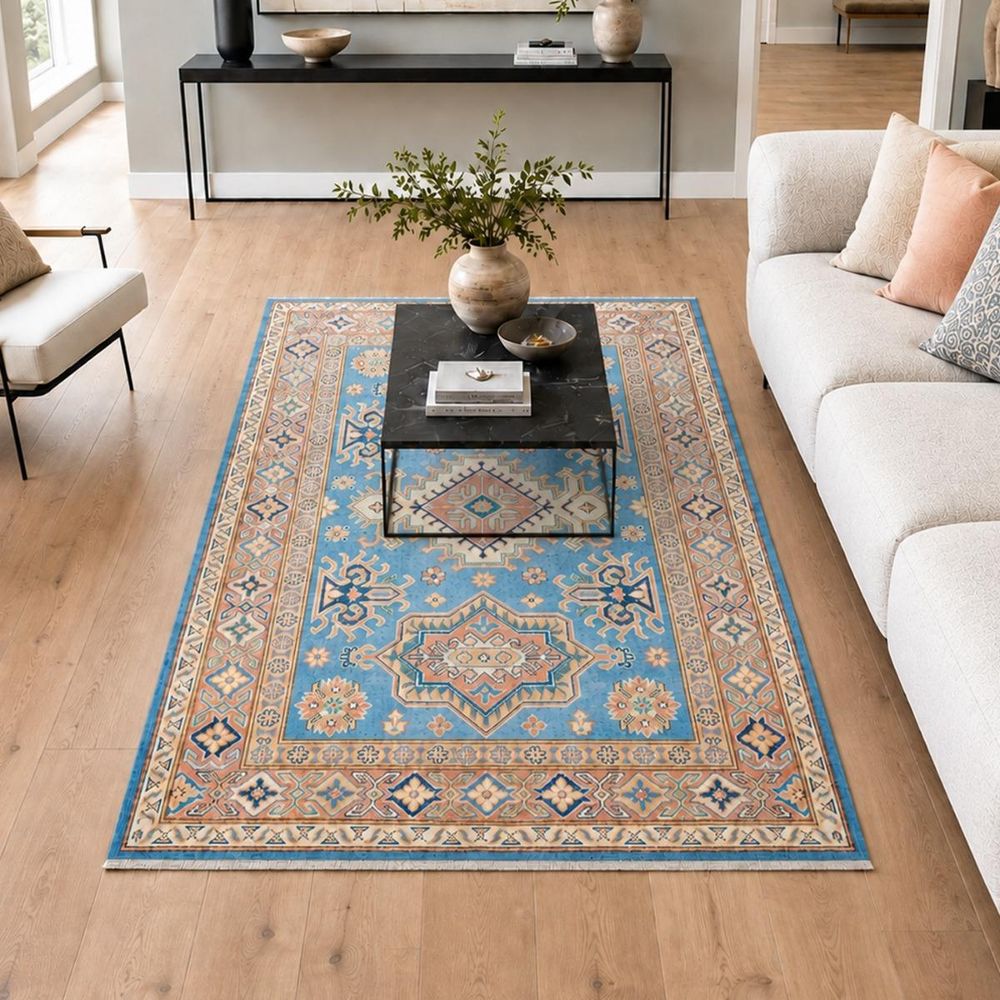 Tapis chambre 118 x 188 cm, bleu, beige et rose, en laine, kazak co 60