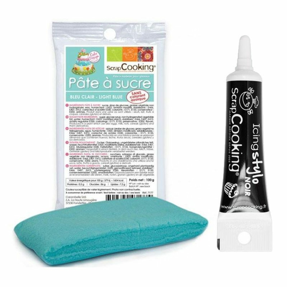 Pâte à sucre bleu clair 100 g + stylo de glaçage noir