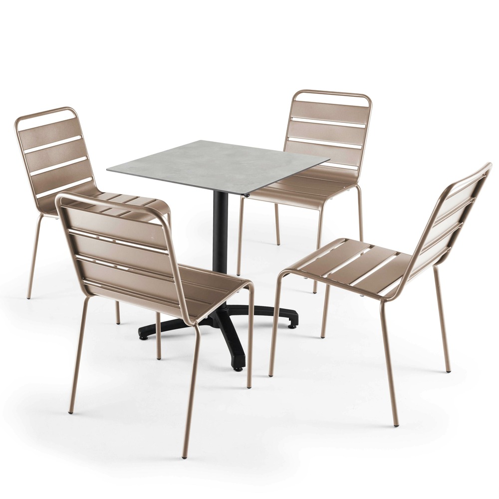 Ensemble table 70 cm gris clair et 4 chaises en métal taupe