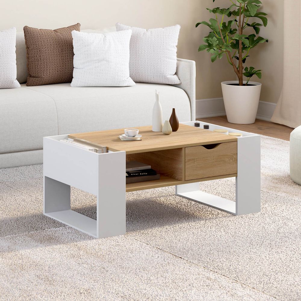 Table basse rectangulaire beryl avec tiroir bois blanc et façon hêtre