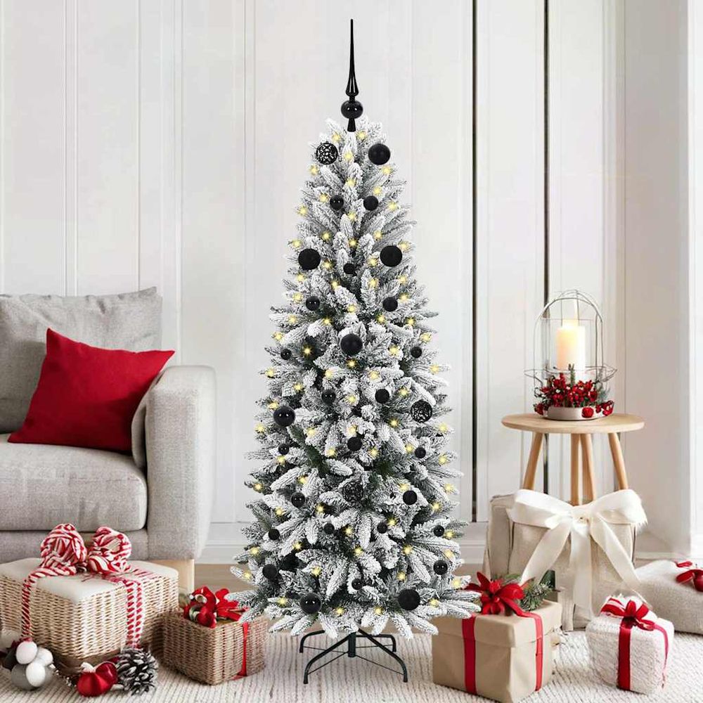Sapin de noël décoré blanc 150cm, ambiance moderne avec 150 led et 61 boules assorties