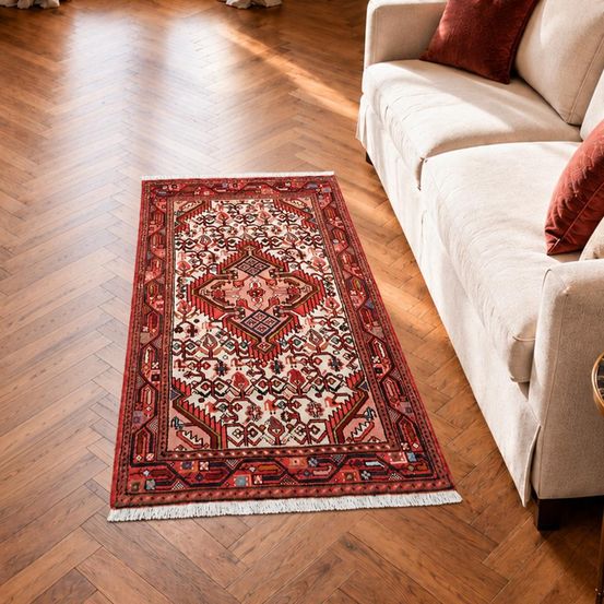 Tapis d'orient 71 x 122 cm, crème, rose, rouge, laine nouée à la main, hamadan 30