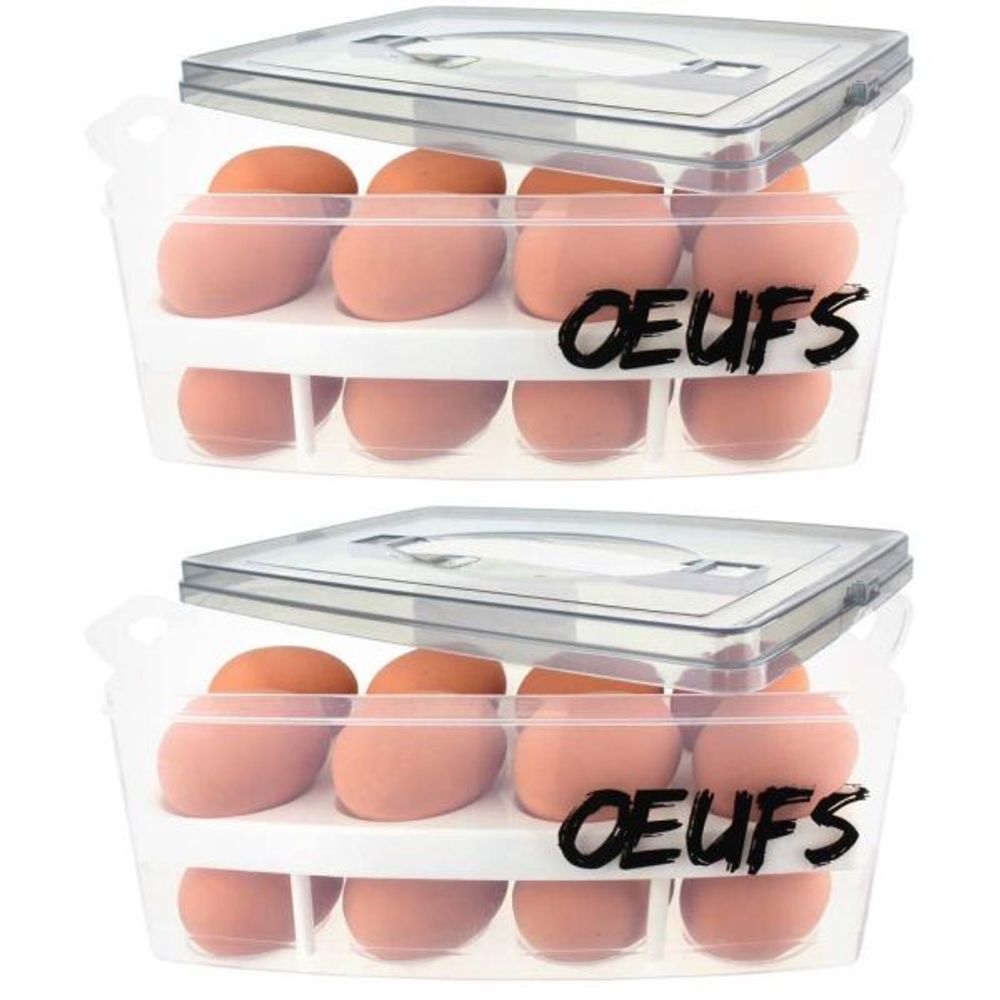 Boite à oeufs en plastique 24 emplacements 2 étages (lot de 2) couvercle gris