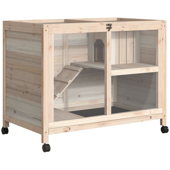 Clapier lapin 2 niveaux bois de sapin naturel 91,5 x 53,5 x 73 cm mobile sur roulettes