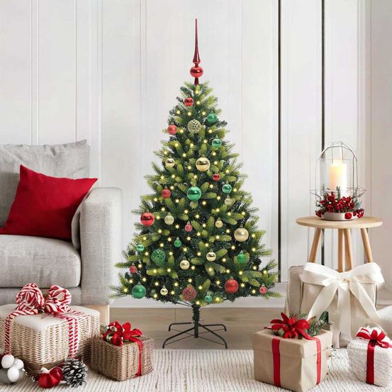 Sapin artificiel aspect naturel 120 cm, décoré avec 150 led blanc chaud et boules