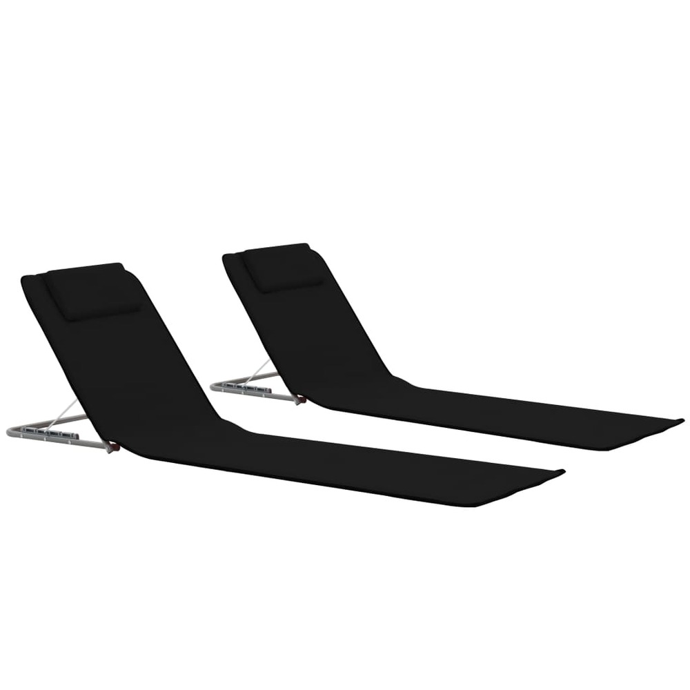 Tapis de plage chaise longue pliables 2 pièces acier et tissu noir