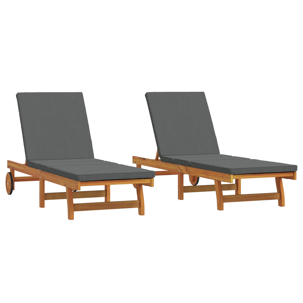 Chaises longues 2 pcs avec roues et coussins en acacia