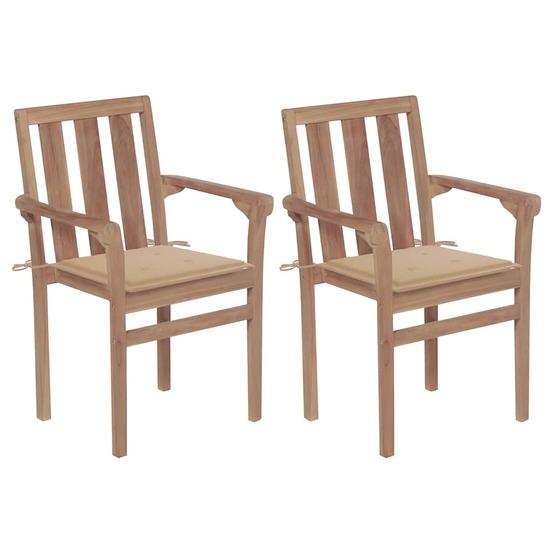 Chaises de jardin lot de 2 et coussins beige bois teck massif