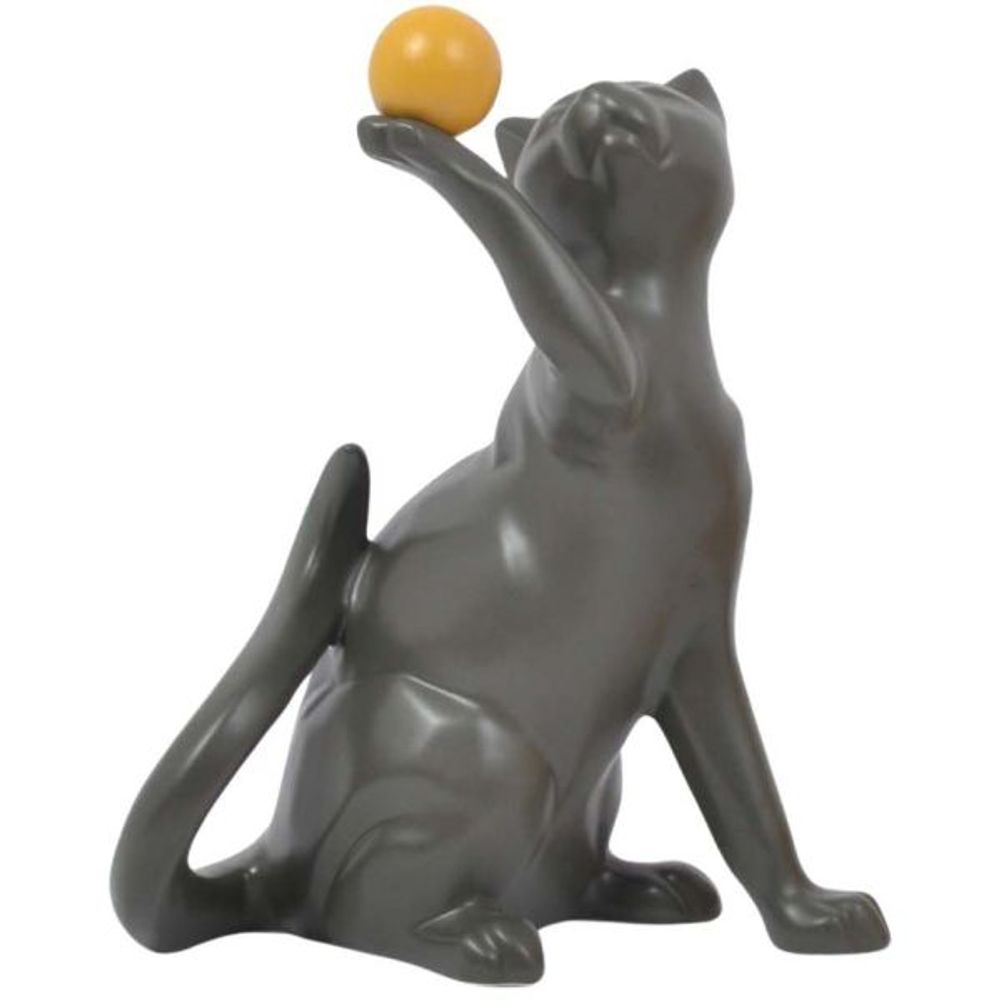 Statuette en céramique chat avec balle shadow gris