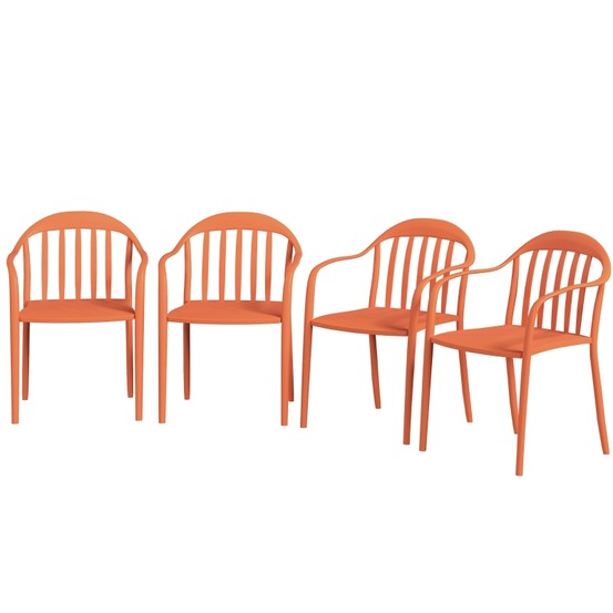 Ensemble de 4 chaises de jardin empilables et résistantes aux intempéries, avec accoudoirs et dossier, en plastique rouge.