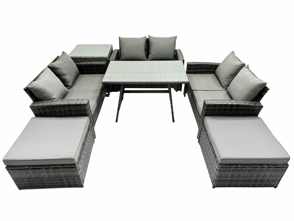 Salon de jardin avec table à manger rectangulaire canapé 2 places 2 grand tabourets table d'appoint gris foncé mixte