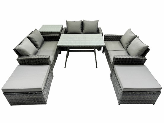 Salon de jardin avec table à manger rectangulaire canapé 2 places 2 grand tabourets table d'appoint gris foncé mixte