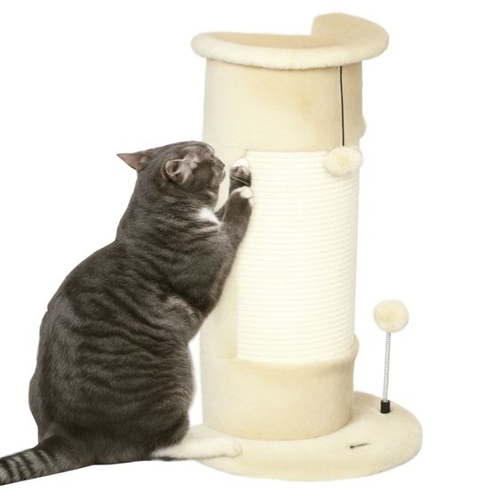 Griffoir d'angle pour chat en sisal peluche intérieur jouets suspendus 34x25x58cm crème