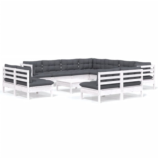 Salon de jardin 12 pcs avec coussins blanc bois de pin solide